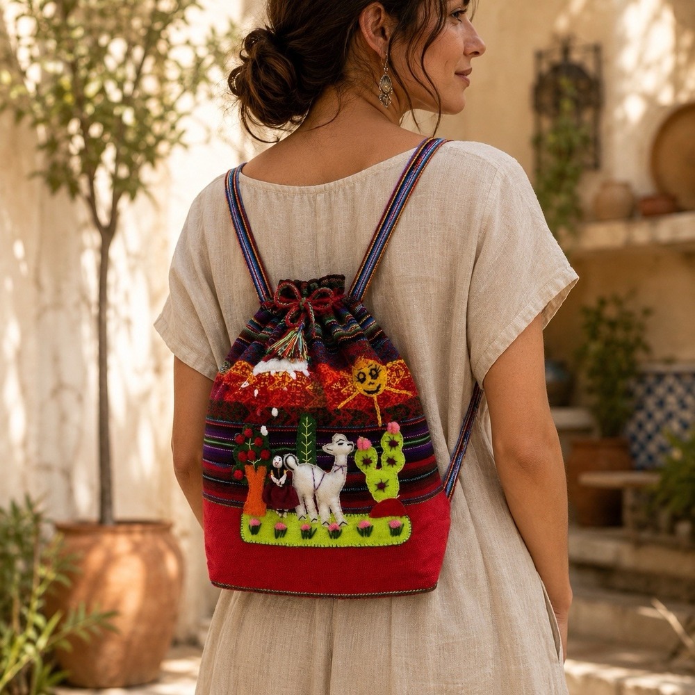 Handmade Peruvian Andean Mini Bag Red Llama Cactus Folk Art Embroidered Woven